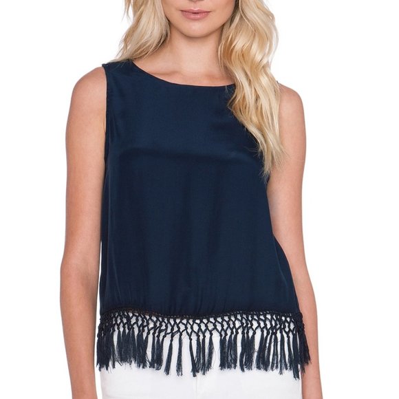 Amour Vert NEW Silk Tank Top Fringed Blouse Navy NWT Women's L🎉HP🎉 - Picture 3 of 7